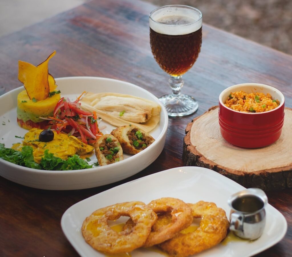 Mushroom chili, stuffed potato, Cusco tamale and causa