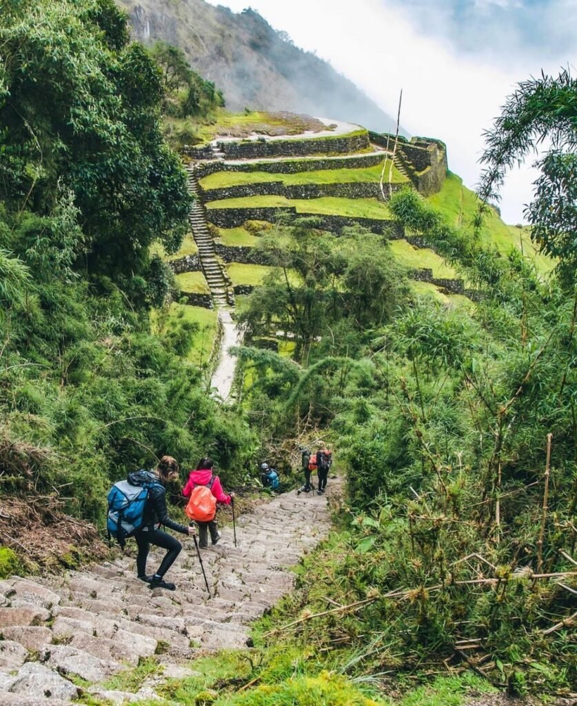 Inca trail descent from the archaeological center of phuyupatamarca to wiñaywayna